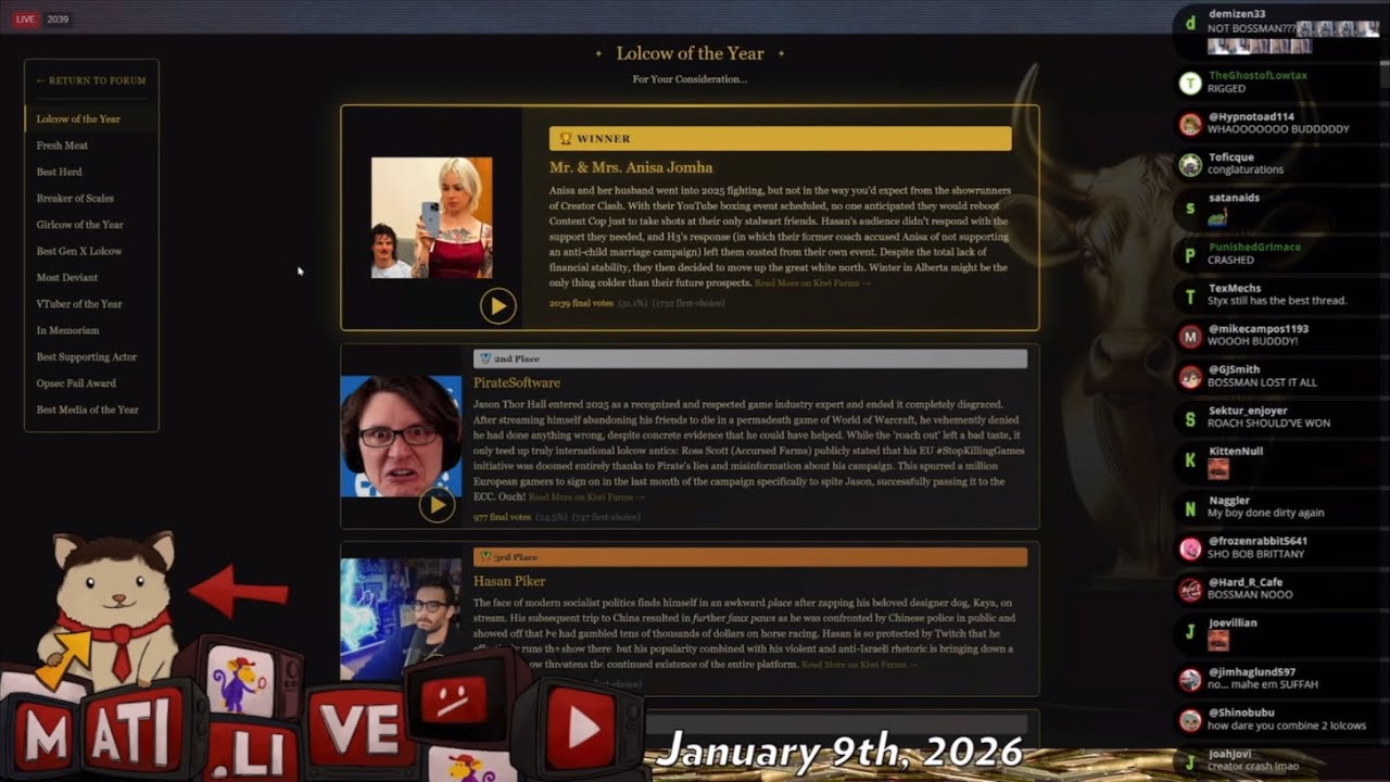 MATI: The Kiwi Farms 2025 Lolcow of the Year Awards (Jan 9, 2026) - YouTube