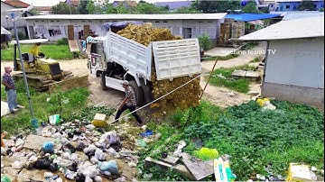 First Day Start New Project! Delete Pond Remove Trash By Truck Filling Land, Bulldozer Pushing Soil