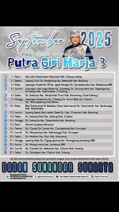 Jadwal Wayang Golek Bulan September 2025 Putra Giri Harja 3 Dalang H Dadan Sunandar Sunarya