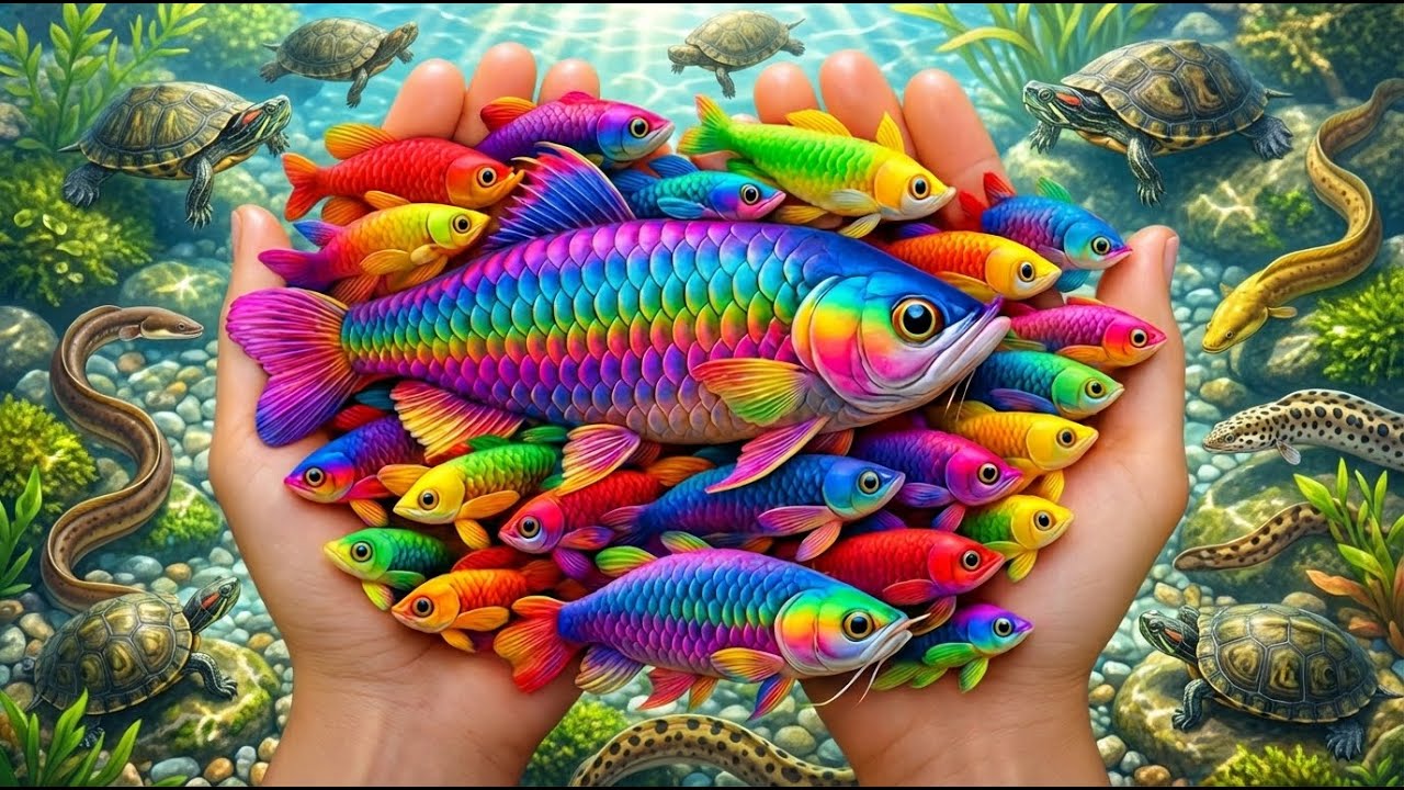 Поймайте разноцветных пресноводных рыб в больших банках, золотых рыбок, маленьких черепах, крабов...