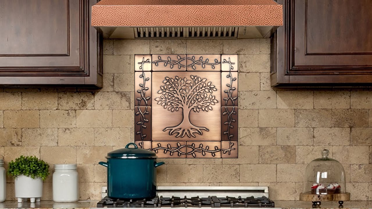 Tree of life with ornament - Set of 13 handmade tiles - 100% Copper, Stainless Steel or Brass.