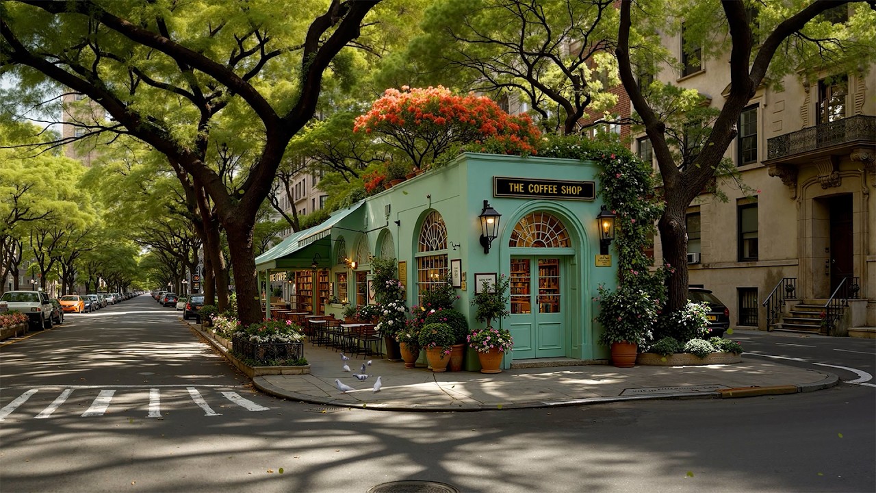 Relaxing Jazz Playlist 🌸 Spring Coffee Shop on a Quiet City Street | Morning Jazz for Study & Peace
