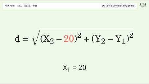 Find the distance between two points p1 (20,75) and p2 (12,-92): Step-by-Step Video Solution