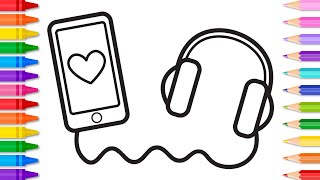 How To Draw A Fun Phone And Headphones Step By Step For Kids Phone Drawing And Coloring Pages