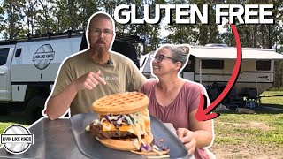 SOUTHERN FRIED CHICKEN WAFFLE BURGERS | Gluten Free - Caravan Cooking E04