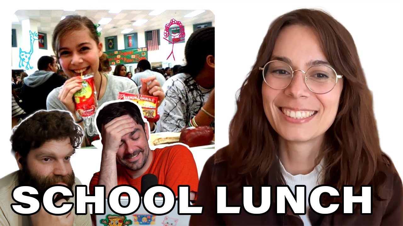 A graphic featuring Isa smiling ion the right next to a flashback photo of her as a young girl in a school cafeteria drinking juice. Matt and Andru react in the bottom-left corner below bold white text that reads "SCHOOL LUNCH".