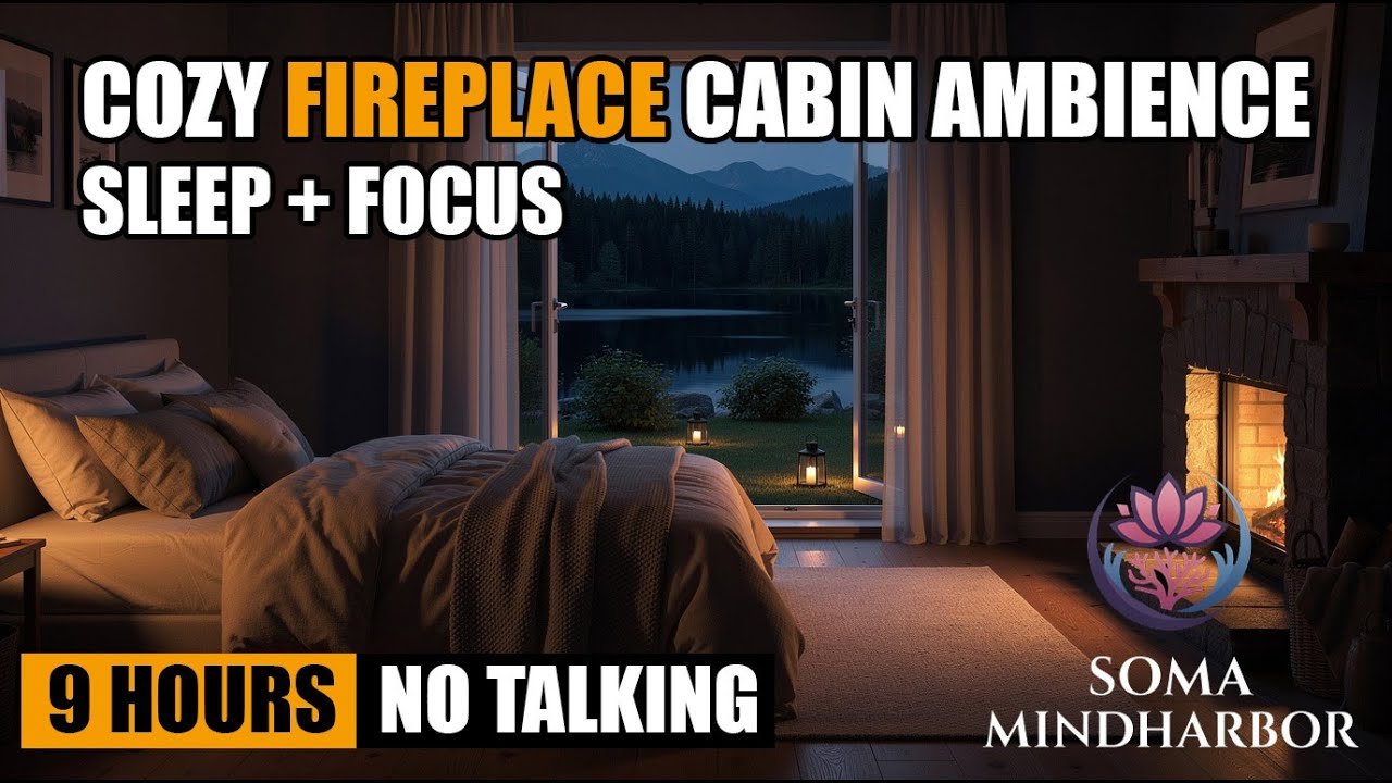 9 Hours Cozy Fireplace Cabin Ambience (Lake View Intro) Black Screen No Talking | Sleep & Deep Focus