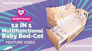 HunyHuny 12-in-1 Multifunctional Wooden Baby Bed Cot Feature Video