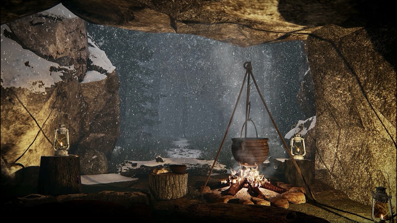 Take a Rest In A Snowy Winter Forest Cave 8Hrs crackling fire