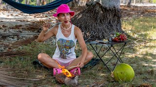 SOLO hike of YOUNG GIRL  in the forest - cooked fried shrimp on coconut #asmr #mary #camping