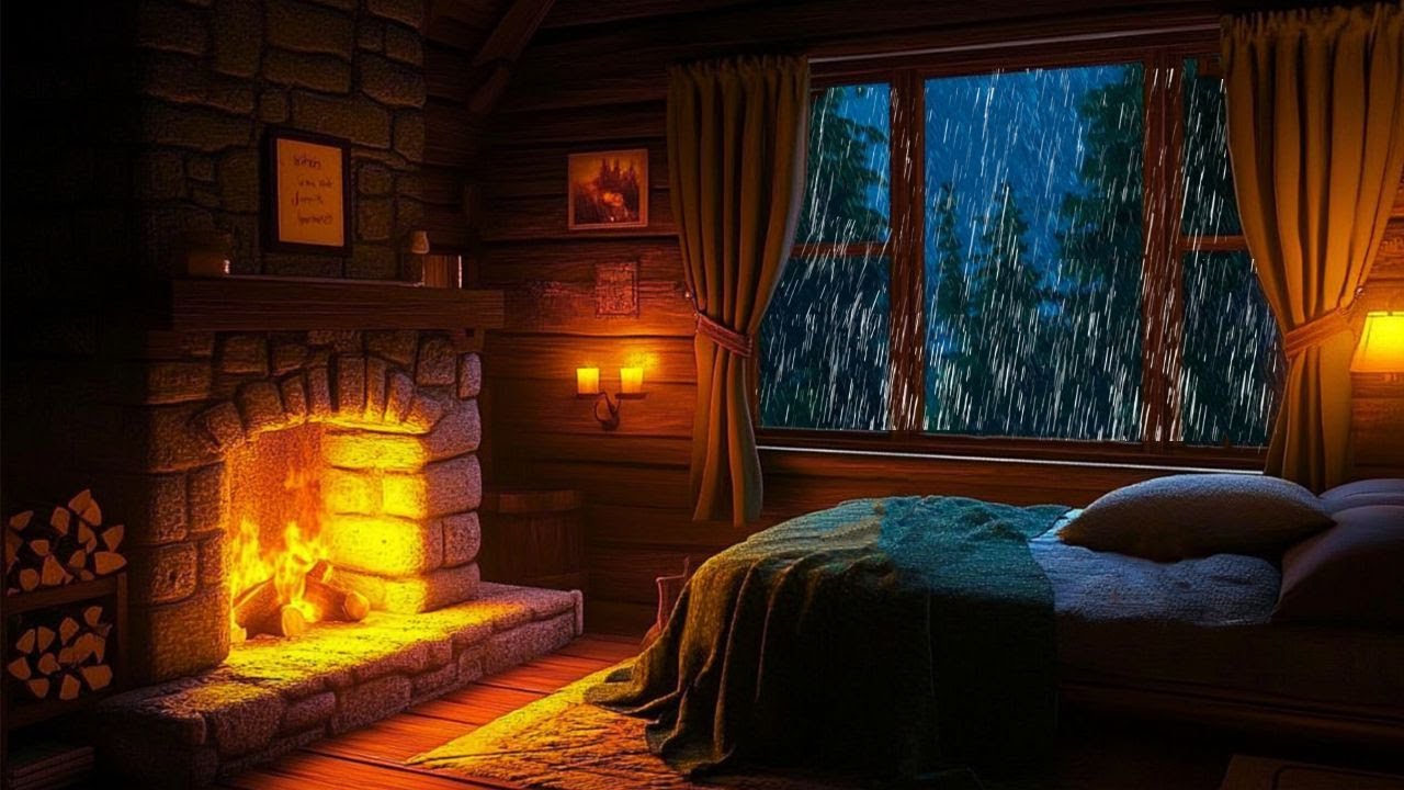Crackling Fireplace and Rain Sounds | Sleep Deeply in Cozy Hut Ambience ...