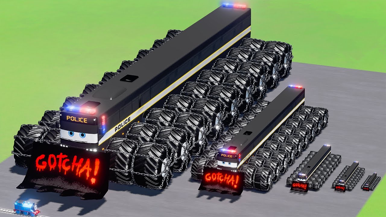 Big & Small Long Bus Ram Spiked Thorns Monster Truck Lightning McQueen vs Thomas Train BeamNG.Drive