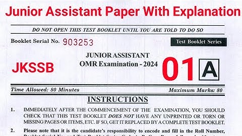 Junior Assistant Paper 2024 With Explanation | JKSSB Junior Assistant Previous Years Paper 2024