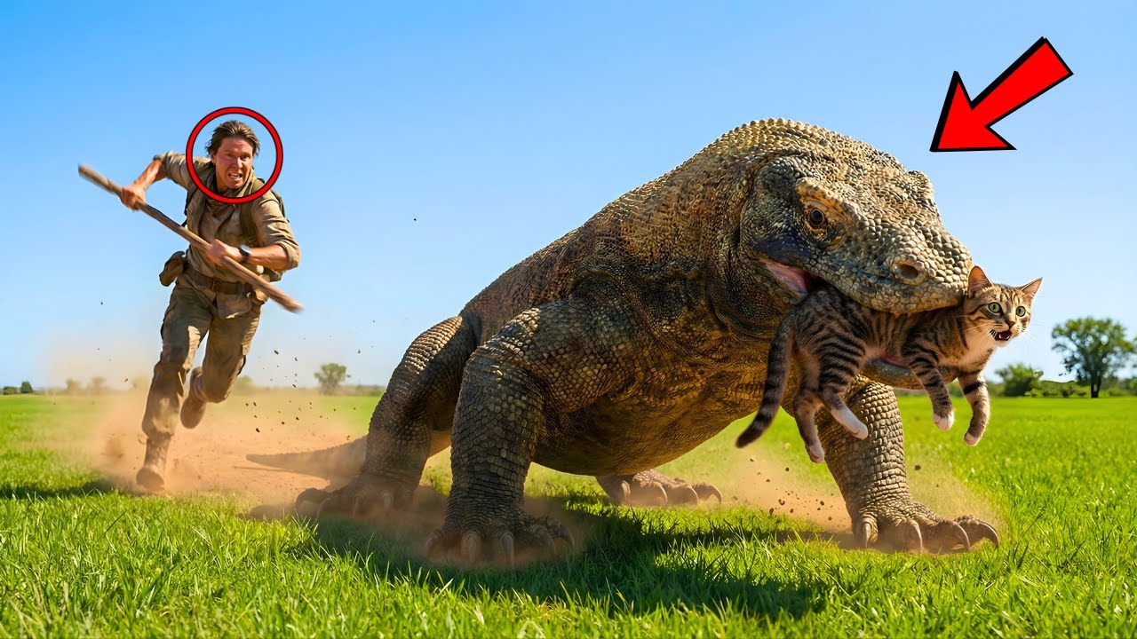 Heroic Rescue Team Saves Terrified Cat from a HUGE Lizard Attack