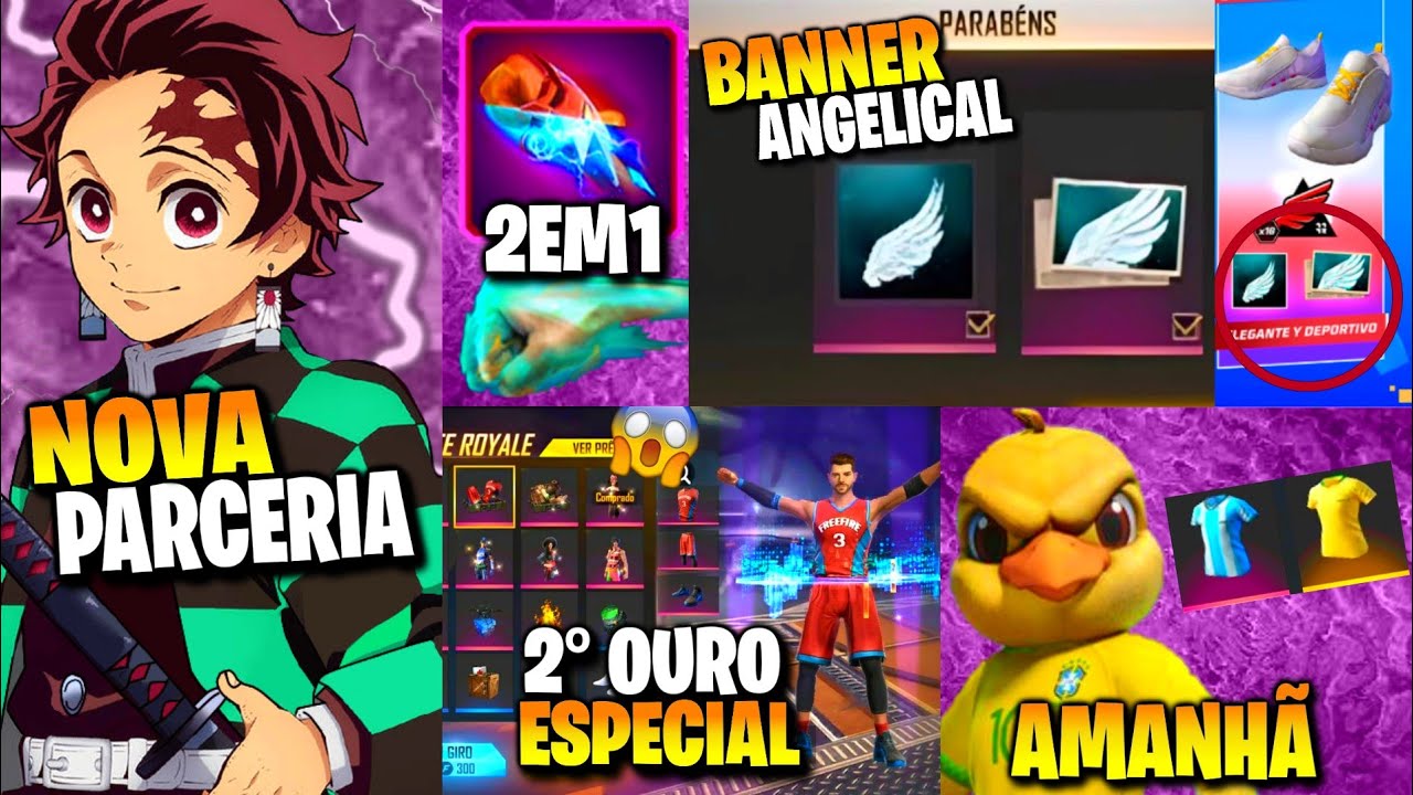 AMANHÃ EVENTO! PUNHO 2EM1, REDENÇÃO, TÊNIS ANGELICAL, BÔNUS 100%, DEMON  SLAYER - NOVIDADES FREE FIRE 