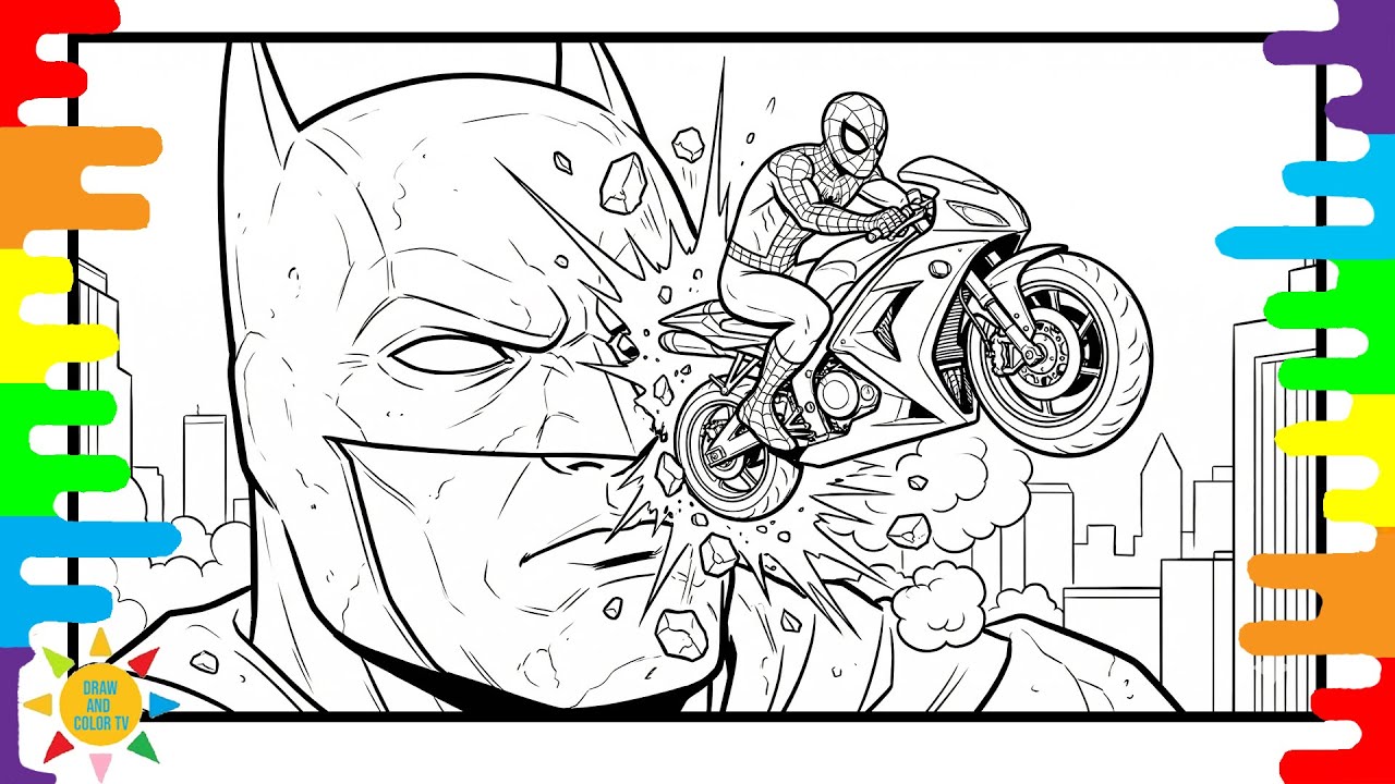 Spider-Man vs BatmanColoring Pages! 🏍️ Motorcycle Crash Coloring Page 