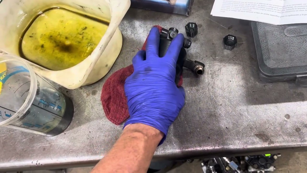 AC compressor oil balance. Looking for dirty desiccant material failure from receiver dryer.