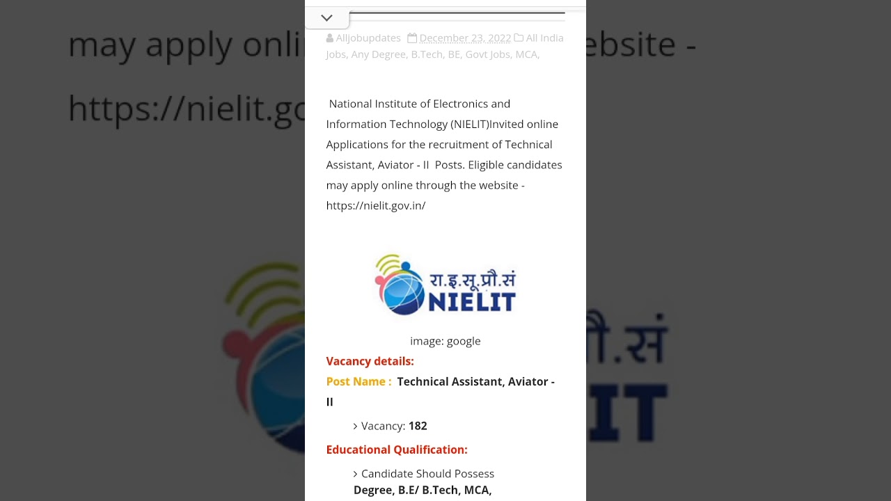 NIELIT Recruitment 2022 ll Vacancy - 182 ll Technical Assistant, Aviator -ll