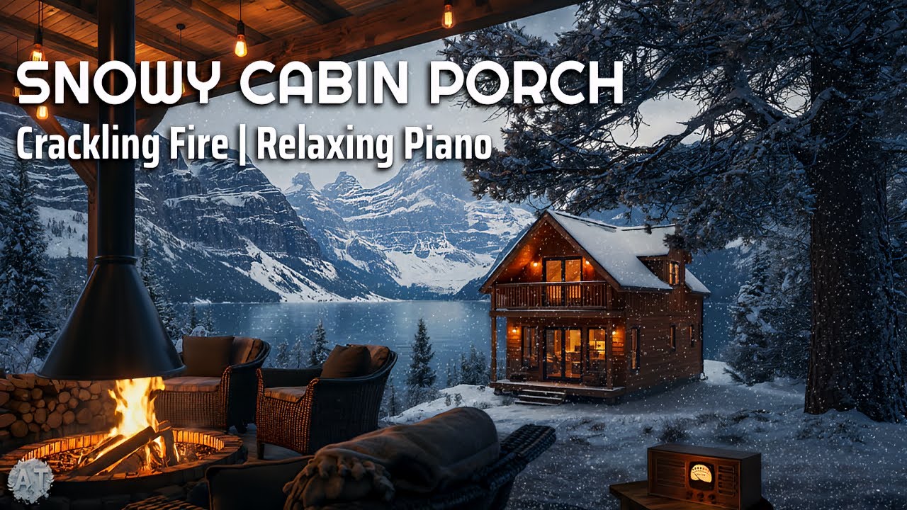 Gentle Piano Music with Cozy Fireplace | Snowfall & Scenic Mountain View | 9h 30m