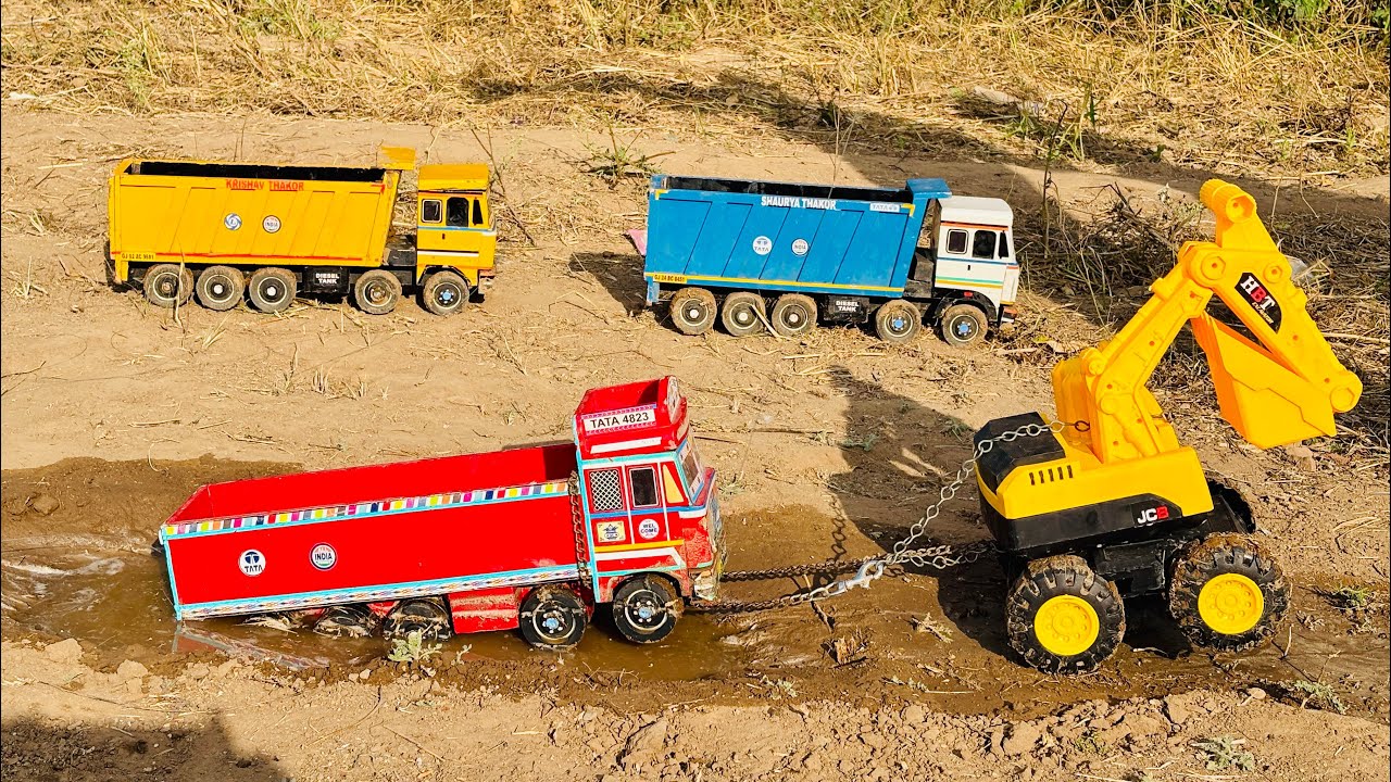 New Tata Truck Tata Dumper Muddy Accident Pulling Out Jcb Excavator l Jcb Cartoon l Tractor Cartoon