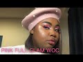 Pink cut crease full glam makeup tutorial woc