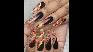 long coffin with rich red glitter nails design
