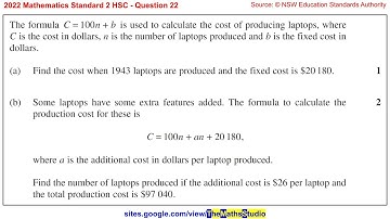 2022 Maths Standard 2 HSC Q22 Model & solve worded manufacturing cost problem using linear equations