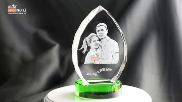 Chân dung pha lê 3D hình giọt nước - chân đế pha lê màu xanh lá cây