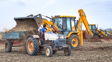 New JCB 3DX Plus Loading Mud in Sonalika Mahindra Swaraj John Deere and Many Tractor in Village Pond