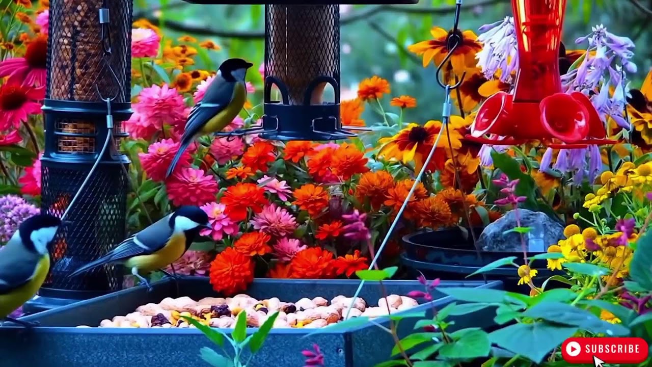 🔴 LIVE 4K Cottage Garden Bird Feeder: Cardinals, Woodpeckers, Song Birds, Bees, Sleep and Flowers