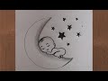 How to draw a baby sleeping in moon  easy drawing  tamilnewart