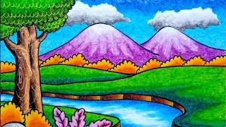 Cara Menggambar Pemandangan Alam yang Bagus dengan Oil Pastel - How to Draw Easy Scenery