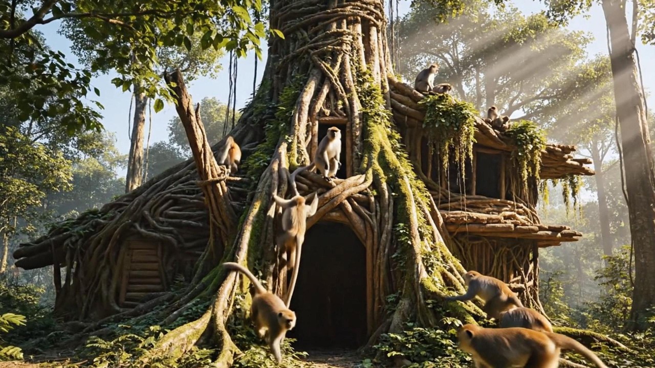 Building Tree Hollow Shelter 🌳🐒 Monkey Tribe Transforms Giant Tree Home | FactoryX