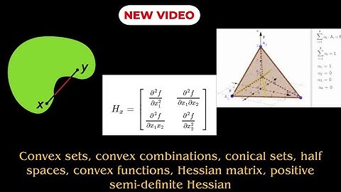 Convex sets, convex combinations, conical sets, half spaces, convex functions, Hessian matrix, etc