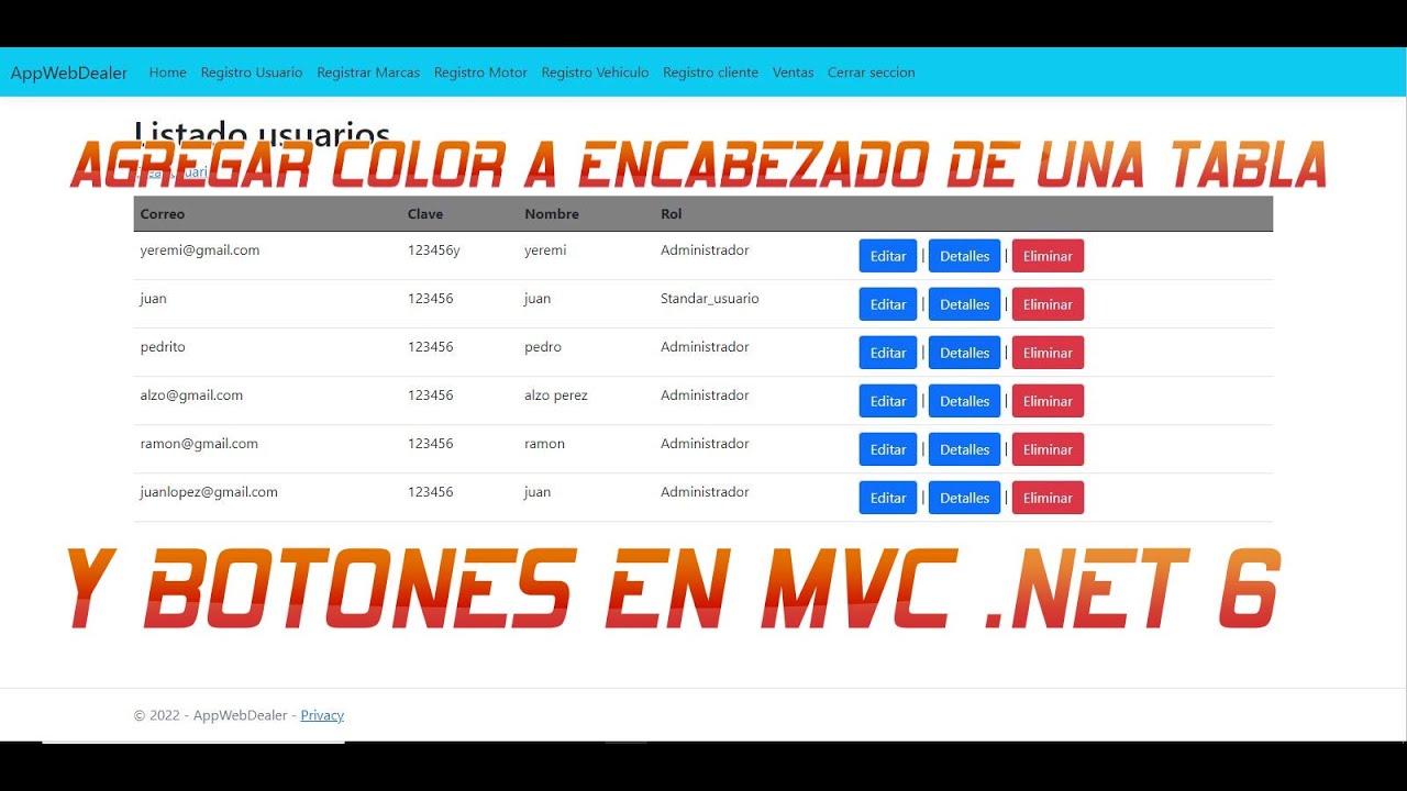 Como agregar color a encabezado y botones a una tabla en MVC .net - YouTube