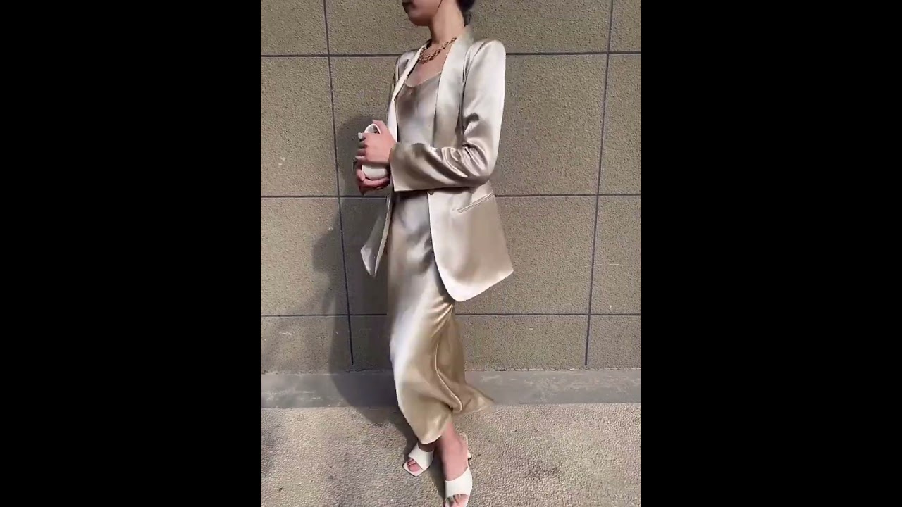 Shiny silky smooth satin slip dress and satin blazer
