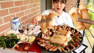 Beef tripe, Big and small intestines fried on the pan🥩fried rice and seasoned chives Mukbang