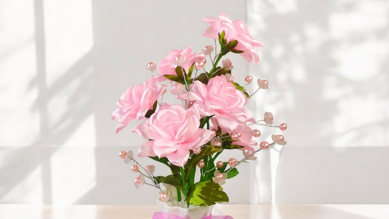 DIY Satin Ribbon Pink Rose Flowers with Synthetic Pearls for Home ...