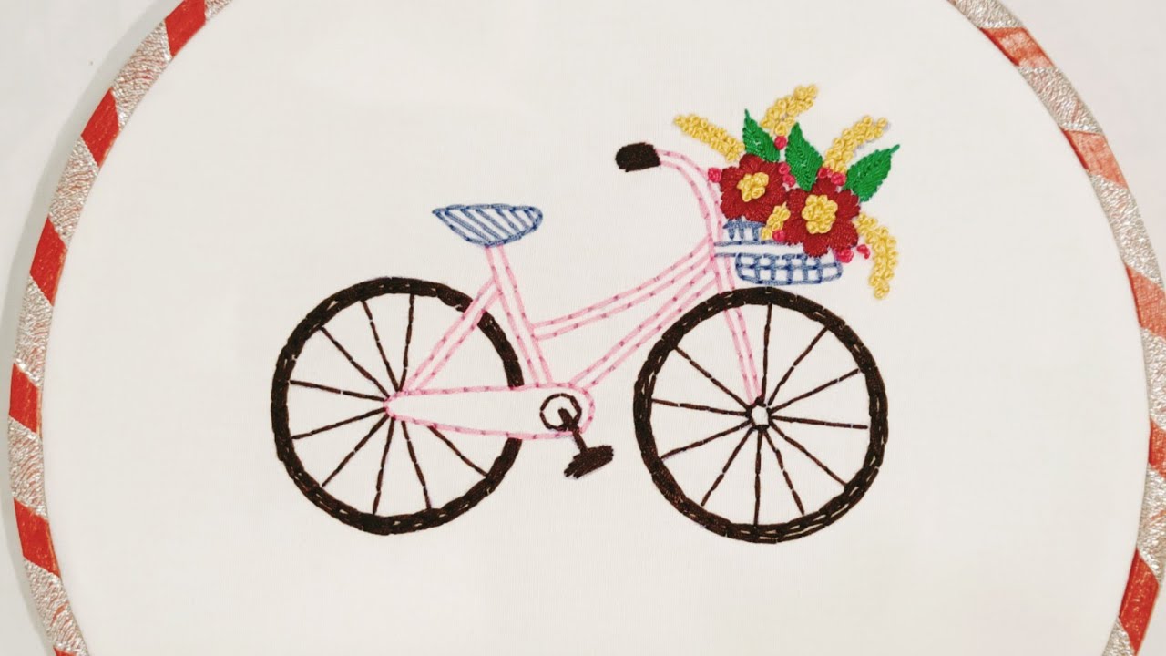 How To Embroider Bicycle With Flower Basket Hand Embroidery By Naheed