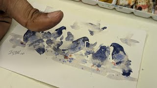 No Drawing Skills? Paint This Bird Flock with Your Thumb | Using Thumbprints for Watercolor Pigeons
