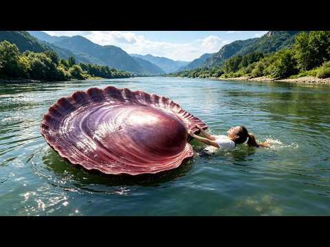 When the giant purple red pearl clam meets the girl, the river water turns a strange red light