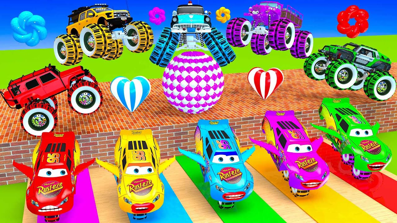 MCqueen, TRANSPORTING CARS, AMBULANCE, FORKLIFT, BUS,POLICE CARS, FIRE TRUCK WITH TRUCKS in Teardown