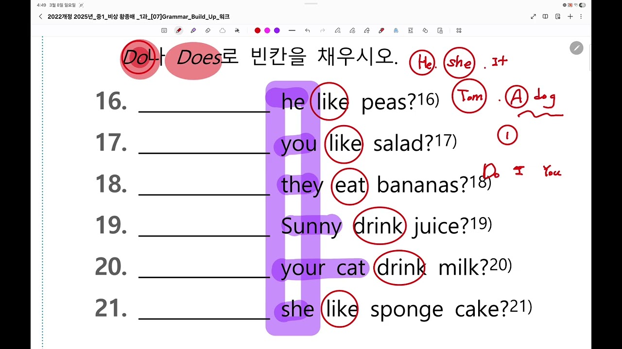 중1 일반동사의 의문문 퀴즈 1