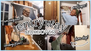 TEARING DOWN WALLS, REFINISHING FLOORS & NEW WALLPAPER| DIY Entryway & Hallway Part 2 #FIXERUPPER