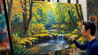 How to paint landscape /#128/ Painting of a forest by a stream / Acrylic landscape painting/A Lu Art