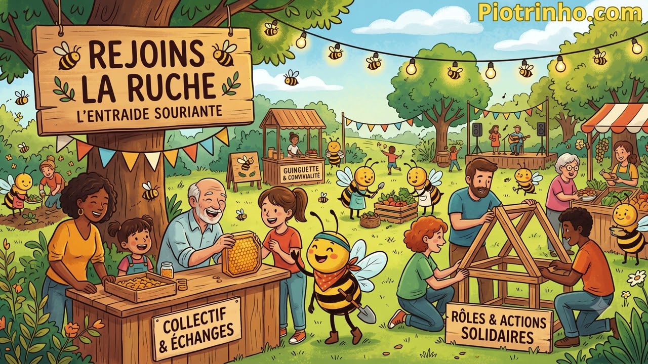 Illustration animée d'un village solidaire avec des habitants et des abeilles souriantes qui coopèrent autour d'un stand en bois, sous une banderole "Rejoins la Ruche - L'entraide souriante