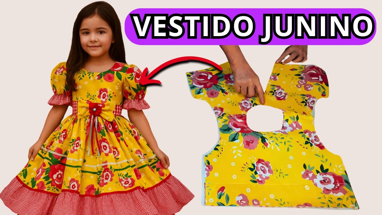 🌽(MOLDE GRÁTIS) COMO FAZER VESTIDO JUNINO INFANTIL GODÊ COM BABADO NA SAIA