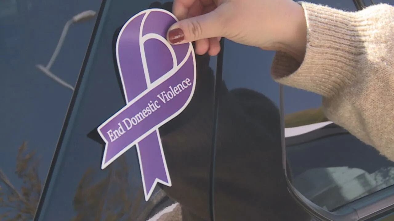 Ribbons placed on police cars for domestic violence awareness month