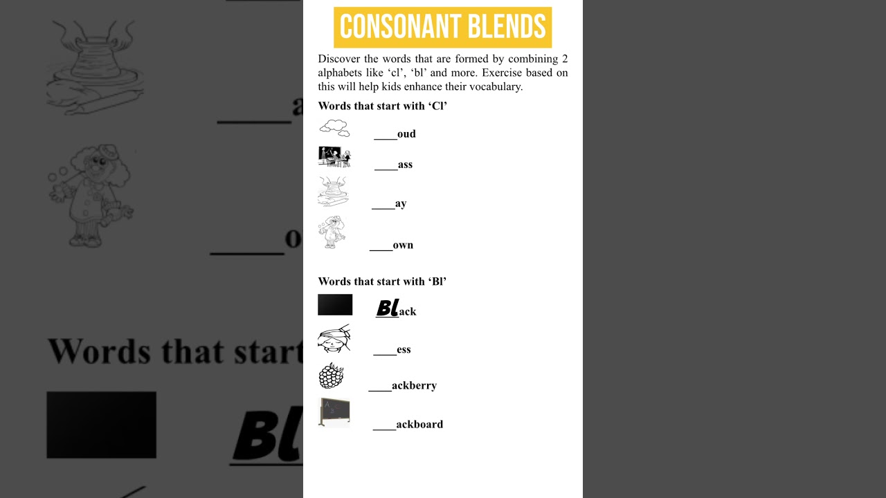Consonant Blends | English Worksheet | Words that Start With  ‘Cl’, ‘BL’ 