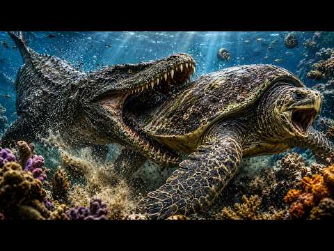 Dakosaurus vs Giant Sea Turtle Titan ā Ambush at the Coral Reef